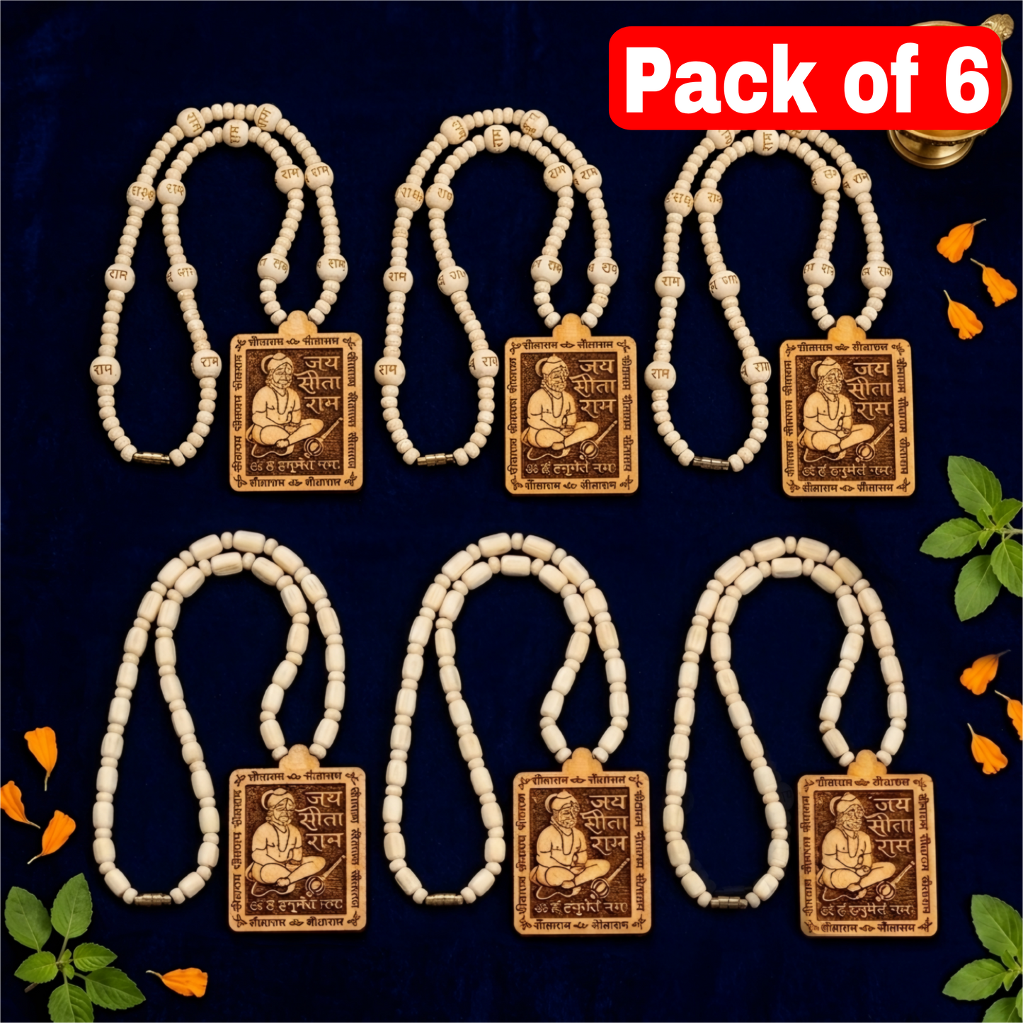 6 PCS Bageshwar Dham Tulsi Mala | Premium Quality Tulsi Mala with Hanumanji locket (Pack of 6)