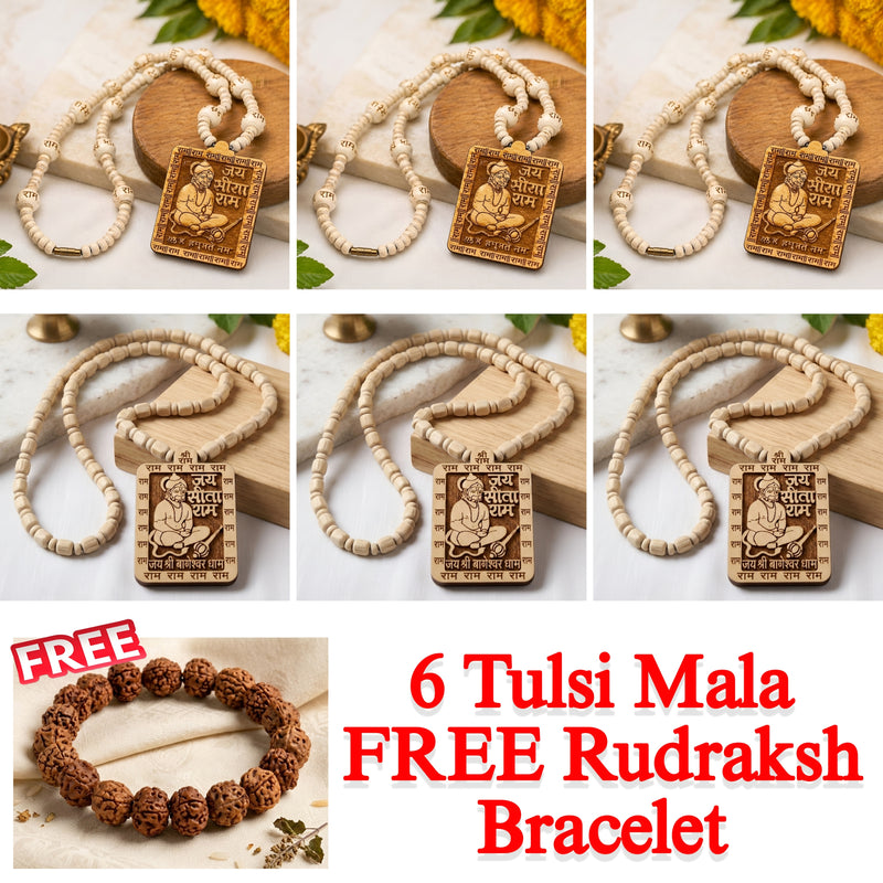 6Pcs Bageshwar Dham Tulsi Mala + FREE 1 Rudraksh Bracelet | (Pack of 7)
